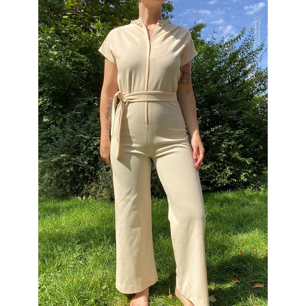 Size S-L//Vintage 70s Cream Polyester Wide Leg Jumpsuit